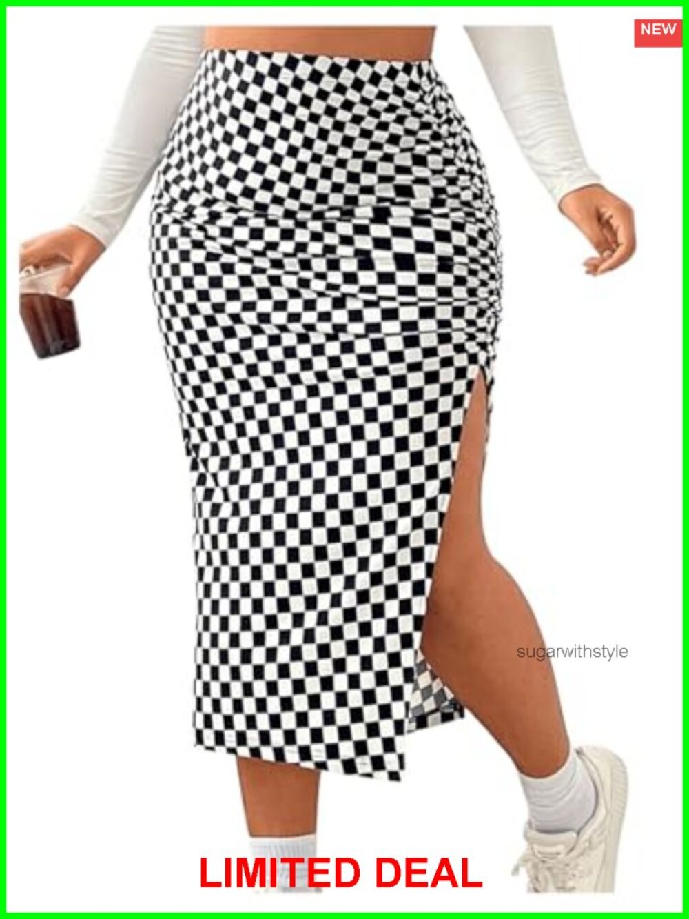 Plus Size Checkered Split Midi High Waist Pencil Skirt Ruched Front Bodycon